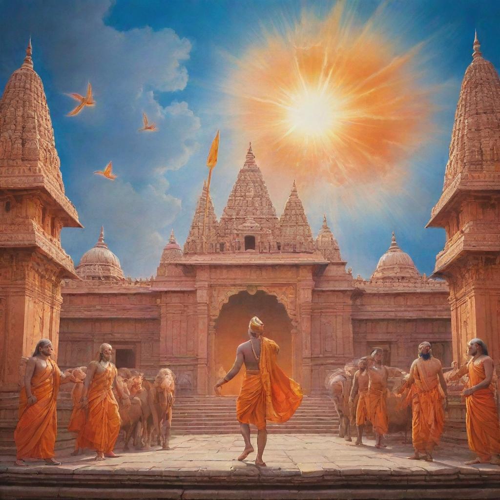 A divine and celestial depiction of Lord Rama entering the Ram Mandir in Ayodhya under a radiant sky. The architecture of the temple is ancient and splendid, emitting a holy aura.