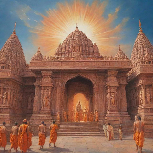 A divine and celestial depiction of Lord Rama entering the Ram Mandir in Ayodhya under a radiant sky. The architecture of the temple is ancient and splendid, emitting a holy aura.