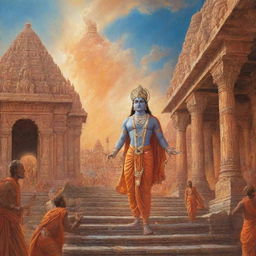 A divine and celestial depiction of Lord Rama entering the Ram Mandir in Ayodhya under a radiant sky. The architecture of the temple is ancient and splendid, emitting a holy aura.