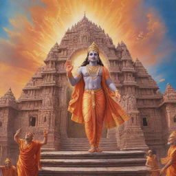 A divine and celestial depiction of Lord Rama entering the Ram Mandir in Ayodhya under a radiant sky. The architecture of the temple is ancient and splendid, emitting a holy aura.