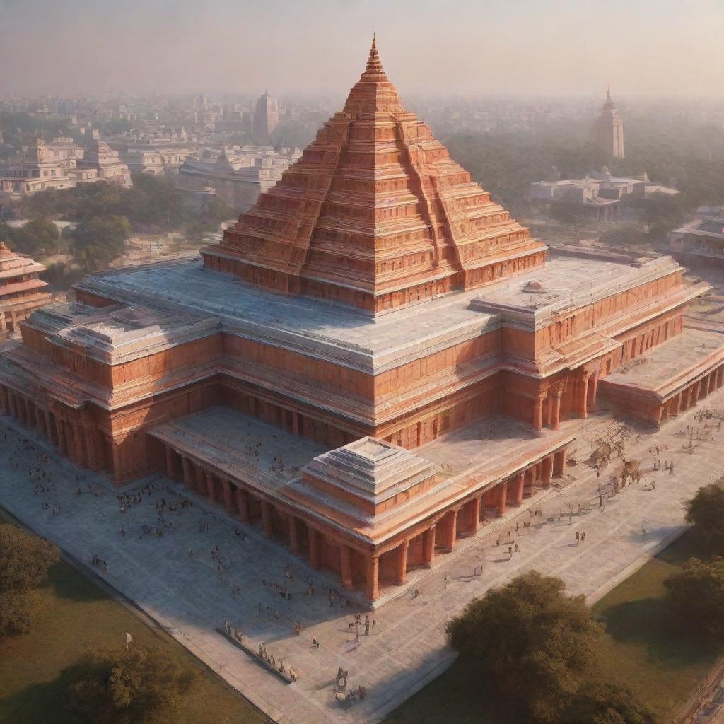 A hyperrealistic, sci-fi depiction of the Ram Mandir in Ayodhya, showcasing a futuristic design with high-tech elements and advanced technology while preserving its divine essence.