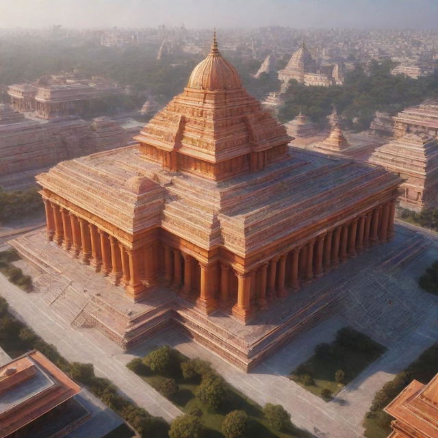 A hyperrealistic, sci-fi depiction of the Ram Mandir in Ayodhya, showcasing a futuristic design with high-tech elements and advanced technology while preserving its divine essence.