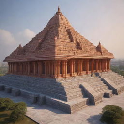 A hyperrealistic, sci-fi depiction of the Ram Mandir in Ayodhya, showcasing a futuristic design with high-tech elements and advanced technology while preserving its divine essence.