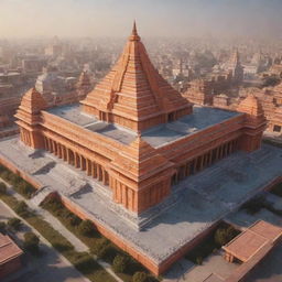 A hyperrealistic, sci-fi depiction of the Ram Mandir in Ayodhya, showcasing a futuristic design with high-tech elements and advanced technology while preserving its divine essence.