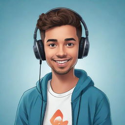 A digitally illustrated character in the style of a YouTuber, feature elements like headphones, a microphone, and casual, trendy clothing. They have a lively, charismatic expression fitting for a video content creator.