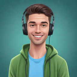 A digitally illustrated character in the style of a YouTuber, feature elements like headphones, a microphone, and casual, trendy clothing. They have a lively, charismatic expression fitting for a video content creator.