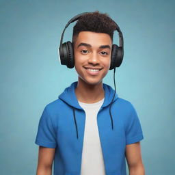 A digitally illustrated character in the style of a YouTuber, feature elements like headphones, a microphone, and casual, trendy clothing. They have a lively, charismatic expression fitting for a video content creator.