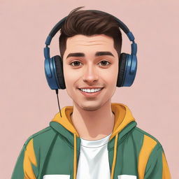 A digitally illustrated character in the style of a YouTuber, feature elements like headphones, a microphone, and casual, trendy clothing. They have a lively, charismatic expression fitting for a video content creator.