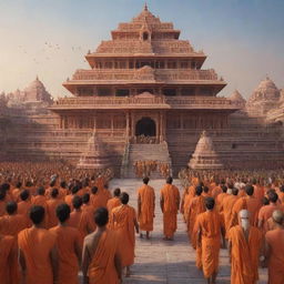 A hyperrealistic sci-fi depiction of the future Ram Mandir in Ayodhya bustling with devoted followers worshiping Lord Ram, the temple featuring advanced technology blended with spiritual aesthetics.