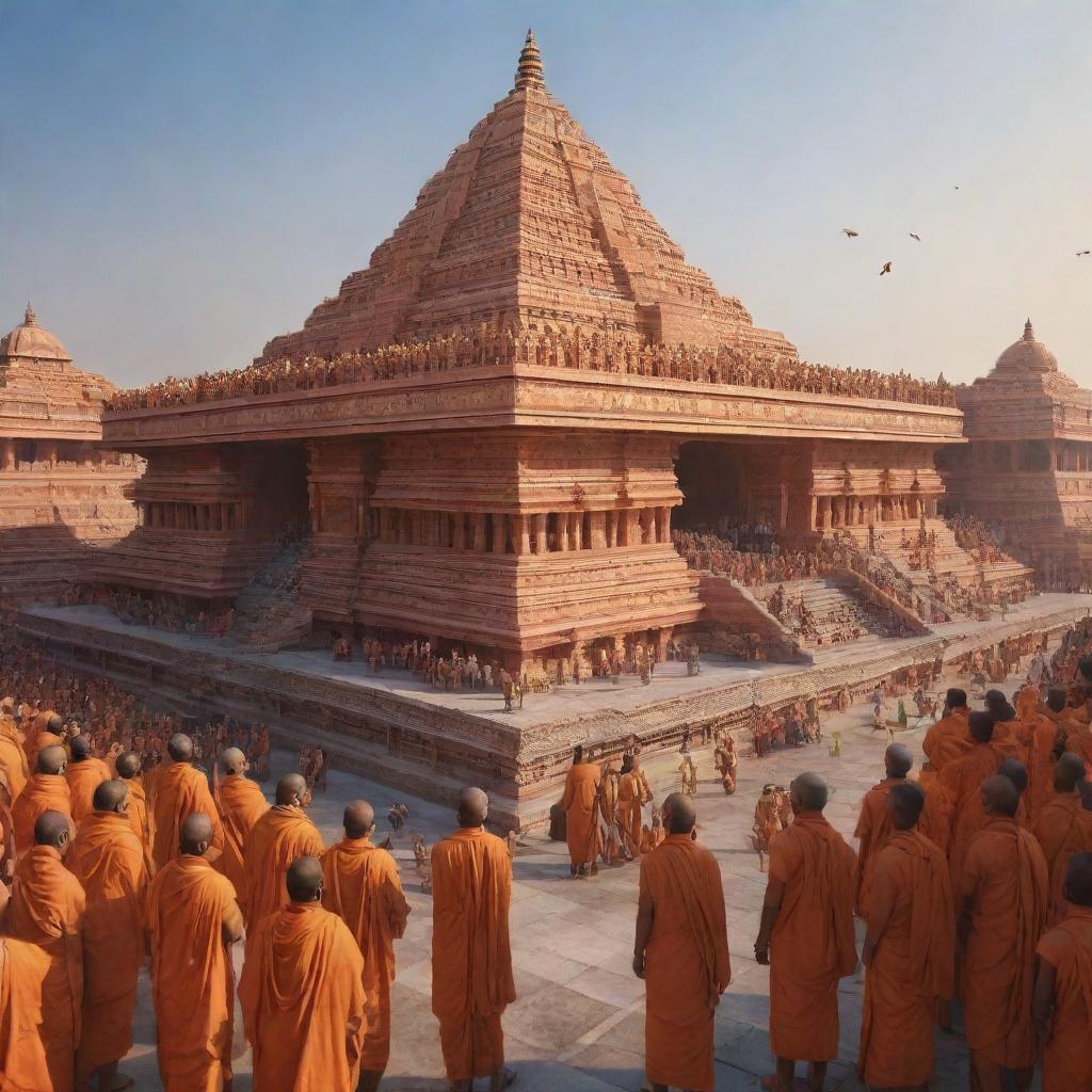 A hyperrealistic sci-fi depiction of the future Ram Mandir in Ayodhya bustling with devoted followers worshiping Lord Ram, the temple featuring advanced technology blended with spiritual aesthetics.