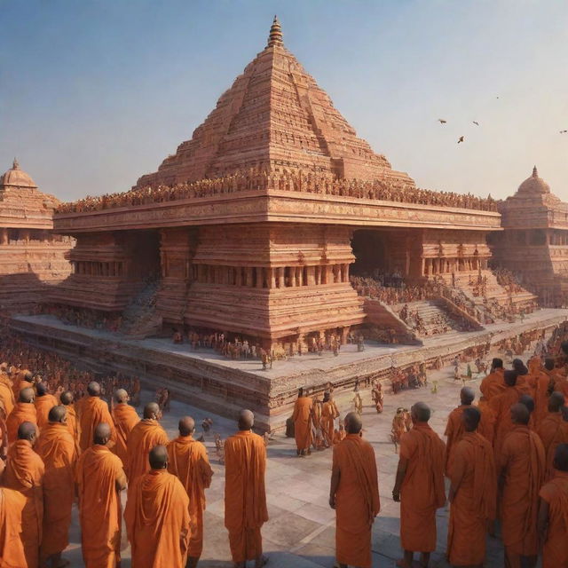 A hyperrealistic sci-fi depiction of the future Ram Mandir in Ayodhya bustling with devoted followers worshiping Lord Ram, the temple featuring advanced technology blended with spiritual aesthetics.