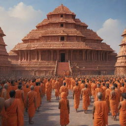 A hyperrealistic sci-fi depiction of the future Ram Mandir in Ayodhya bustling with devoted followers worshiping Lord Ram, the temple featuring advanced technology blended with spiritual aesthetics.