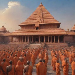 A hyperrealistic sci-fi depiction of the future Ram Mandir in Ayodhya bustling with devoted followers worshiping Lord Ram, the temple featuring advanced technology blended with spiritual aesthetics.