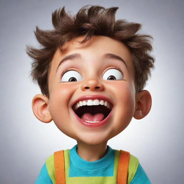 Create a vibrantly colored, humorous cartoon boy with exaggerated features, expressing joy and laughter.