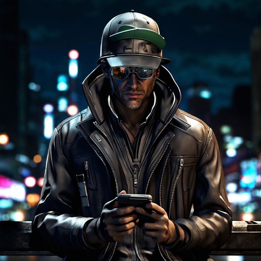 A lifelike, high-quality photograph of Aiden Pearce from the Watch Dogs series