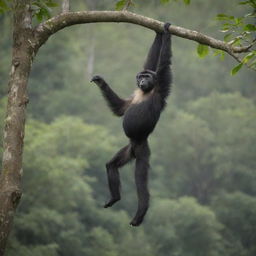 A Hoolock Gibbon monkey swinging from tree to tree in a vibrant Bangladesh forest.