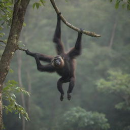 A Hoolock Gibbon monkey swinging from tree to tree in a vibrant Bangladesh forest.