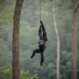 A Hoolock Gibbon monkey swinging from tree to tree in a vibrant Bangladesh forest.