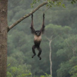 A Hoolock Gibbon monkey swinging from tree to tree in a vibrant Bangladesh forest.