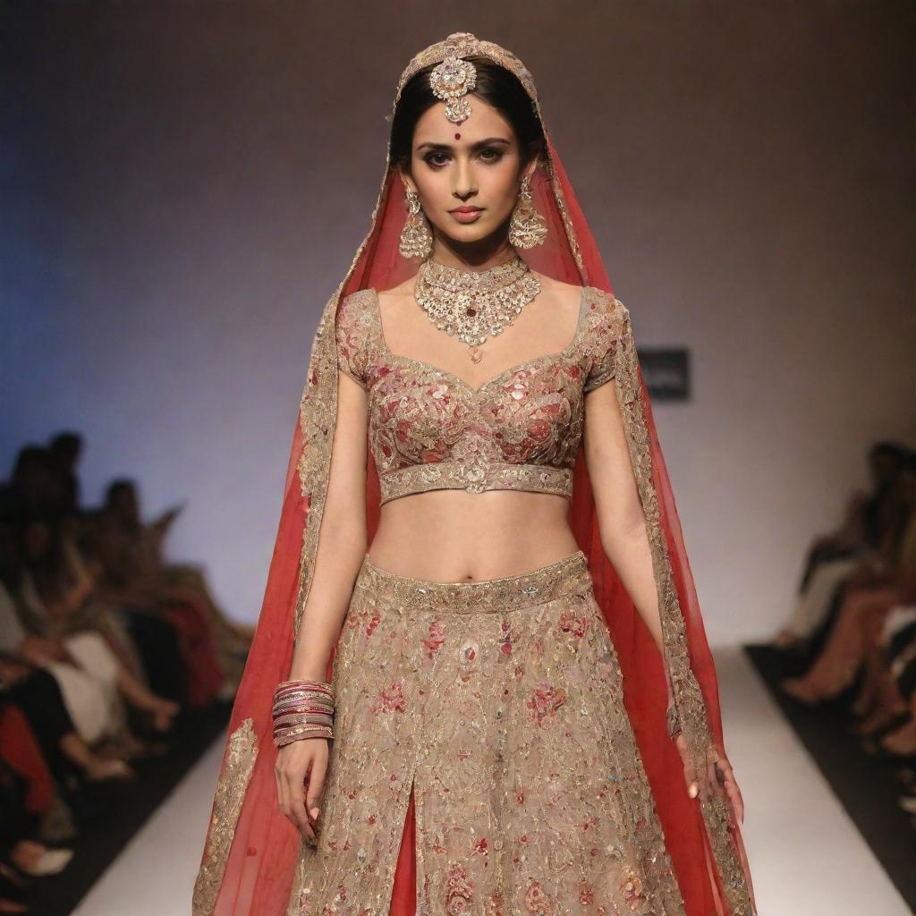 Create a long, elaborately designed costume for a ramp walk, styled in traditional Indian ethnic fashion.