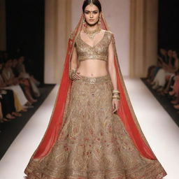 Create a long, elaborately designed costume for a ramp walk, styled in traditional Indian ethnic fashion.