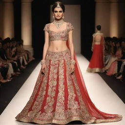 Create a long, elaborately designed costume for a ramp walk, styled in traditional Indian ethnic fashion.