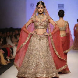 Create a long, elaborately designed costume for a ramp walk, styled in traditional Indian ethnic fashion.