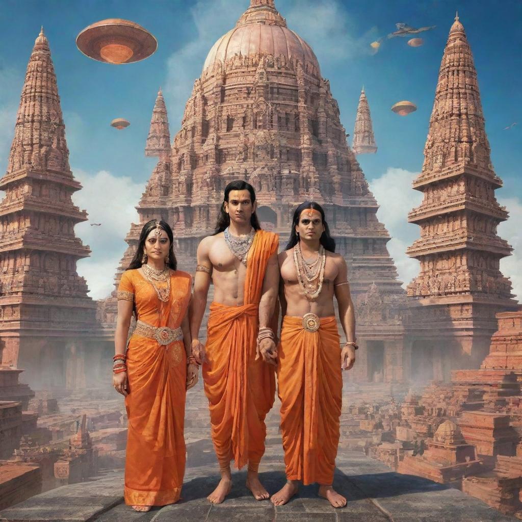 Lord Ram, with Sita, Laxman, and Hanuman, in a futuristic rendition of the city of Ayodhya, intertwining divinity with advanced science fiction elements.