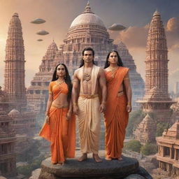 Lord Ram, with Sita, Laxman, and Hanuman, in a futuristic rendition of the city of Ayodhya, intertwining divinity with advanced science fiction elements.