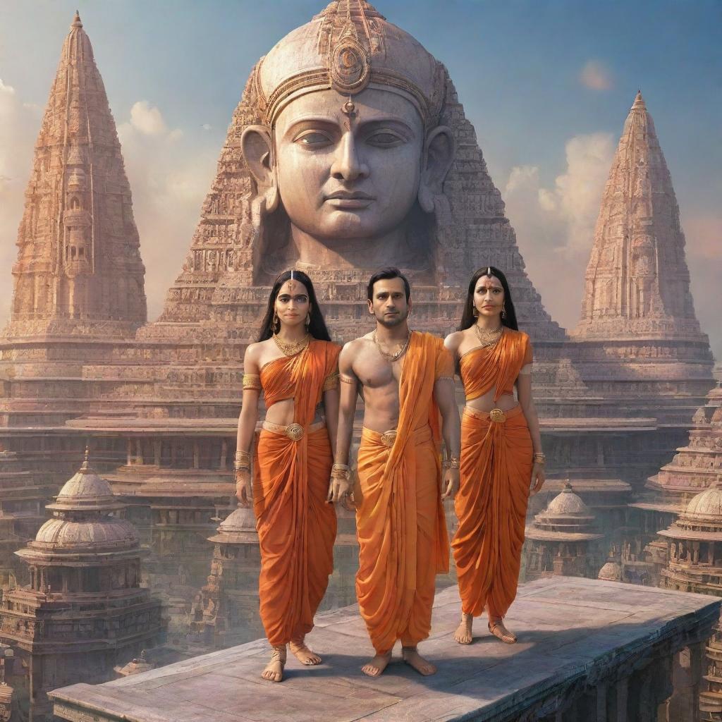 Lord Ram, with Sita, Laxman, and Hanuman, in a futuristic rendition of the city of Ayodhya, intertwining divinity with advanced science fiction elements.