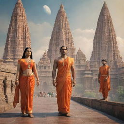 Lord Ram, with Sita, Laxman, and Hanuman, in a futuristic rendition of the city of Ayodhya, intertwining divinity with advanced science fiction elements.