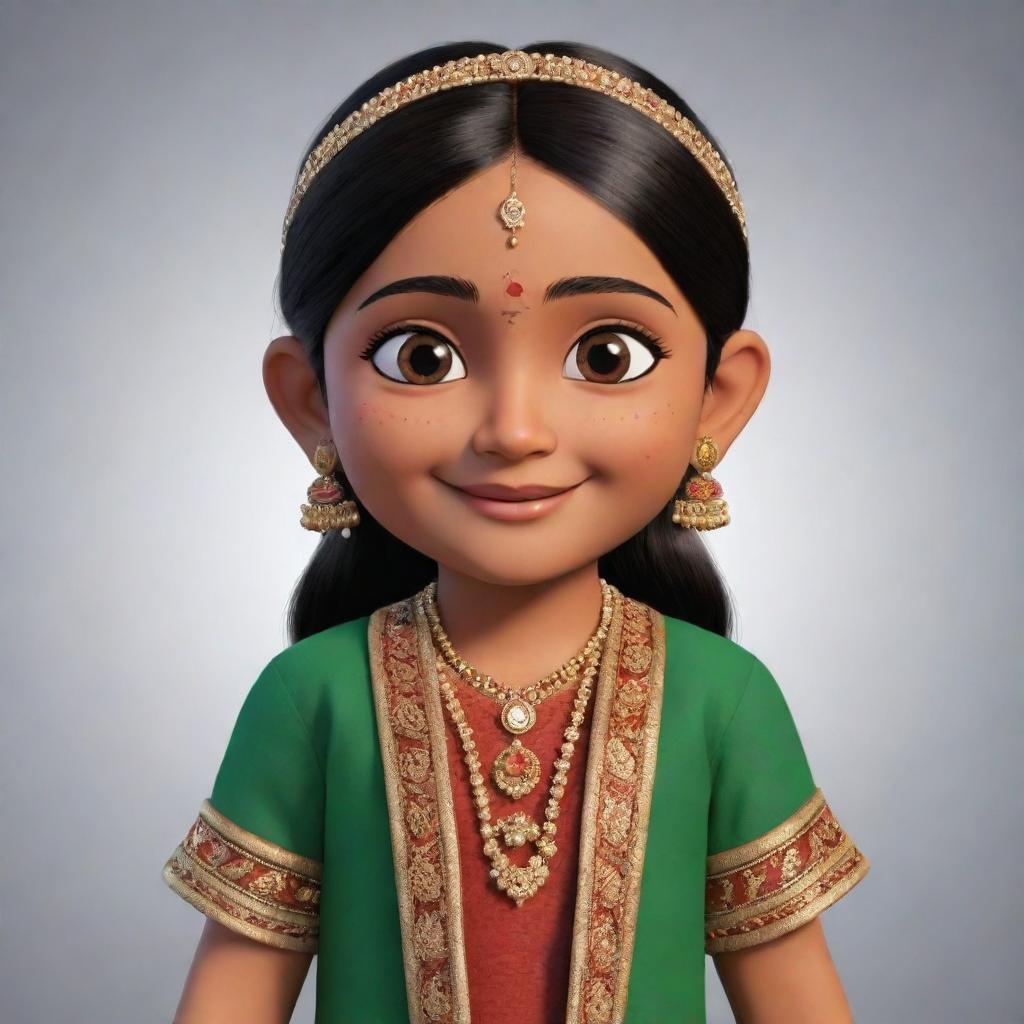 Create an animated character of Indian origin with traditional clothes, expressive eyes and a cheerful appearance.