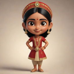 Create an animated character of Indian origin with traditional clothes, expressive eyes and a cheerful appearance.