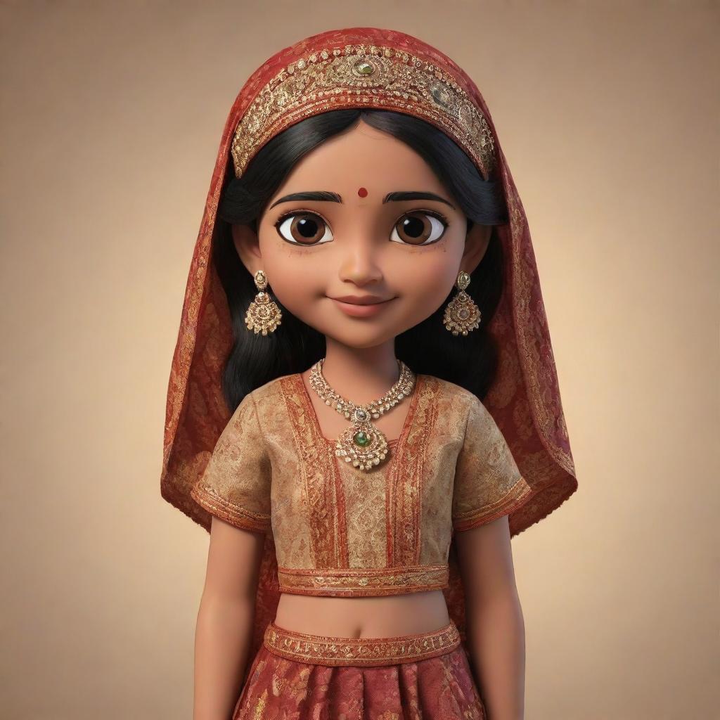 Create an animated character of Indian origin with traditional clothes, expressive eyes and a cheerful appearance.