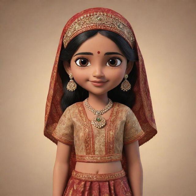 Create an animated character of Indian origin with traditional clothes, expressive eyes and a cheerful appearance.