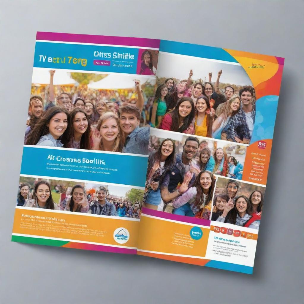 Create a vibrant brochure for a college fest, filled with images of students having fun, performances, various stalls, games, and decorative lights.