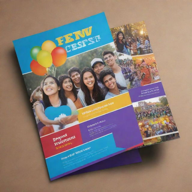 Create a vibrant brochure for a college fest, filled with images of students having fun, performances, various stalls, games, and decorative lights.