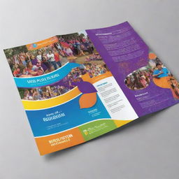 Create a vibrant brochure for a college fest, filled with images of students having fun, performances, various stalls, games, and decorative lights.