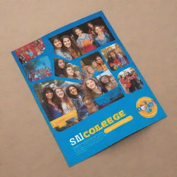 Create a vibrant brochure for a college fest, filled with images of students having fun, performances, various stalls, games, and decorative lights.