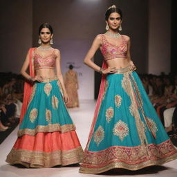 Design a vibrant, creative, and unique long costume for a ramp walk, emphasizing traditional Indian ethnic elements and fashion with a modern twist. Version 6.0