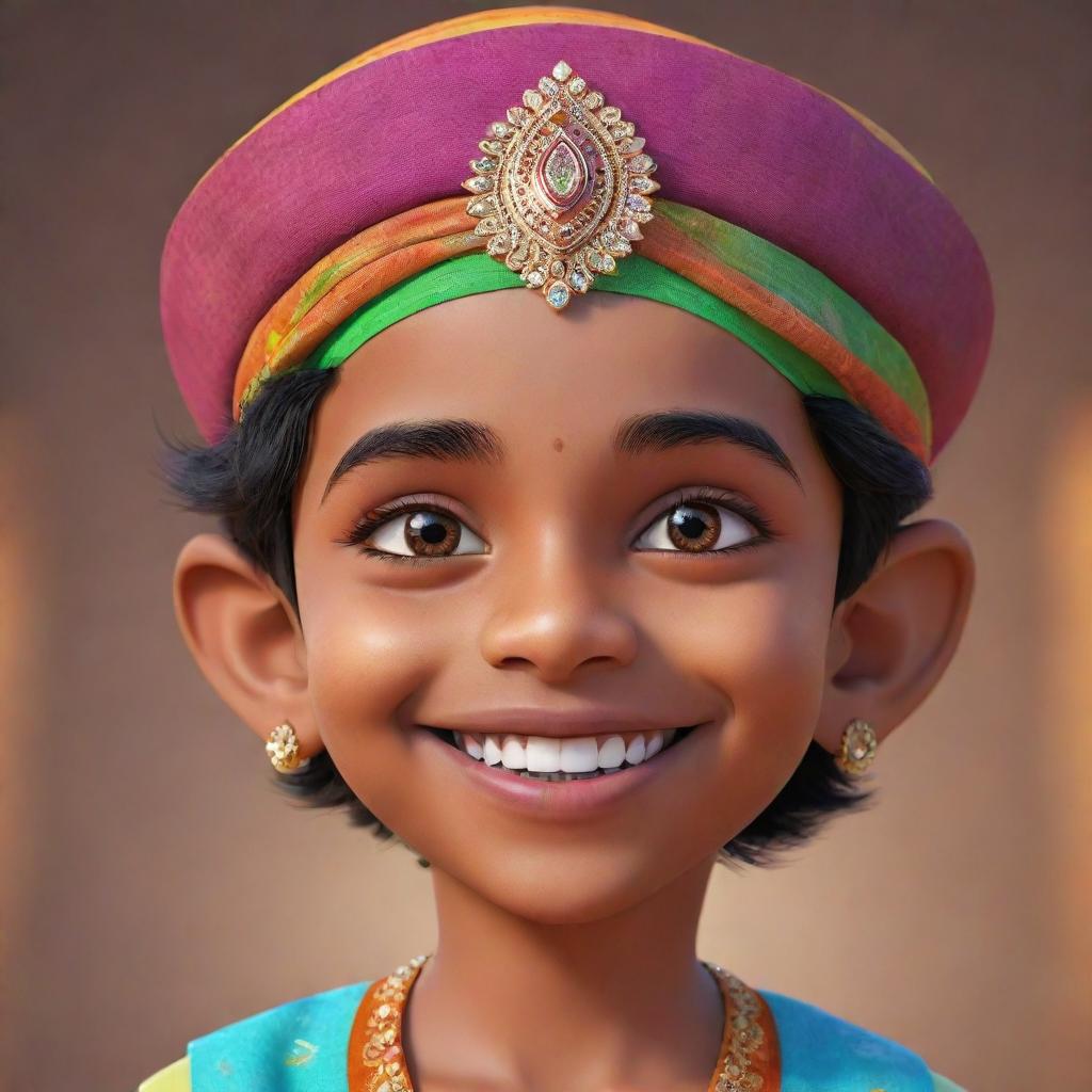 Animated character of an Indian boy, showcasing distinctive features, colourful attire, expressive eyes, and a dazzling smile