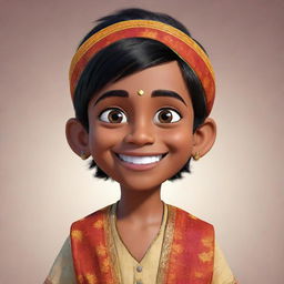 Animated character of an Indian boy, showcasing distinctive features, colourful attire, expressive eyes, and a dazzling smile