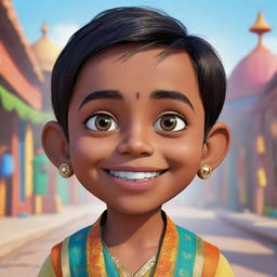 Animated character of an Indian boy, showcasing distinctive features, colourful attire, expressive eyes, and a dazzling smile