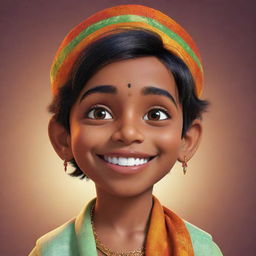 Animated character of an Indian boy, showcasing distinctive features, colourful attire, expressive eyes, and a dazzling smile