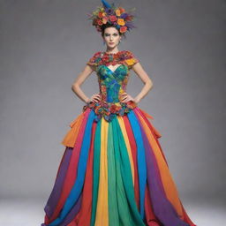 An imaginative and unique long dress costume for a fashion design competition, comprised of unconventional materials and bold color combinations, striking a balance between aesthetics and dramatism.