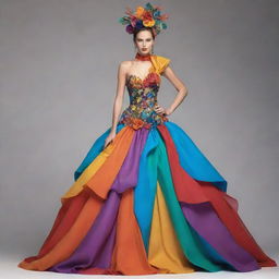 An imaginative and unique long dress costume for a fashion design competition, comprised of unconventional materials and bold color combinations, striking a balance between aesthetics and dramatism.