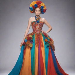 An imaginative and unique long dress costume for a fashion design competition, comprised of unconventional materials and bold color combinations, striking a balance between aesthetics and dramatism.