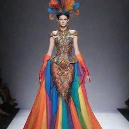 An imaginative and unique long dress costume for a fashion design competition, comprised of unconventional materials and bold color combinations, striking a balance between aesthetics and dramatism.