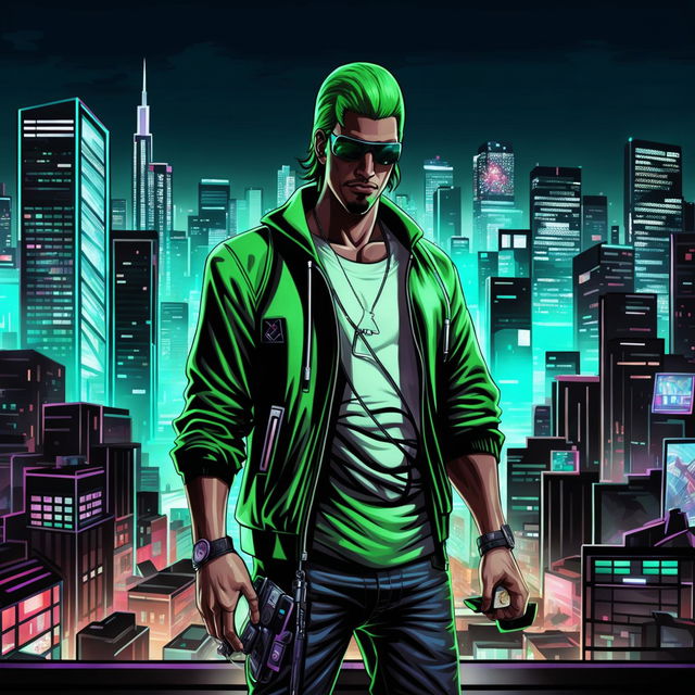 A high-quality digital art image of Sweet from Grand Theft Auto, depicted as a hacker in a technologically advanced city