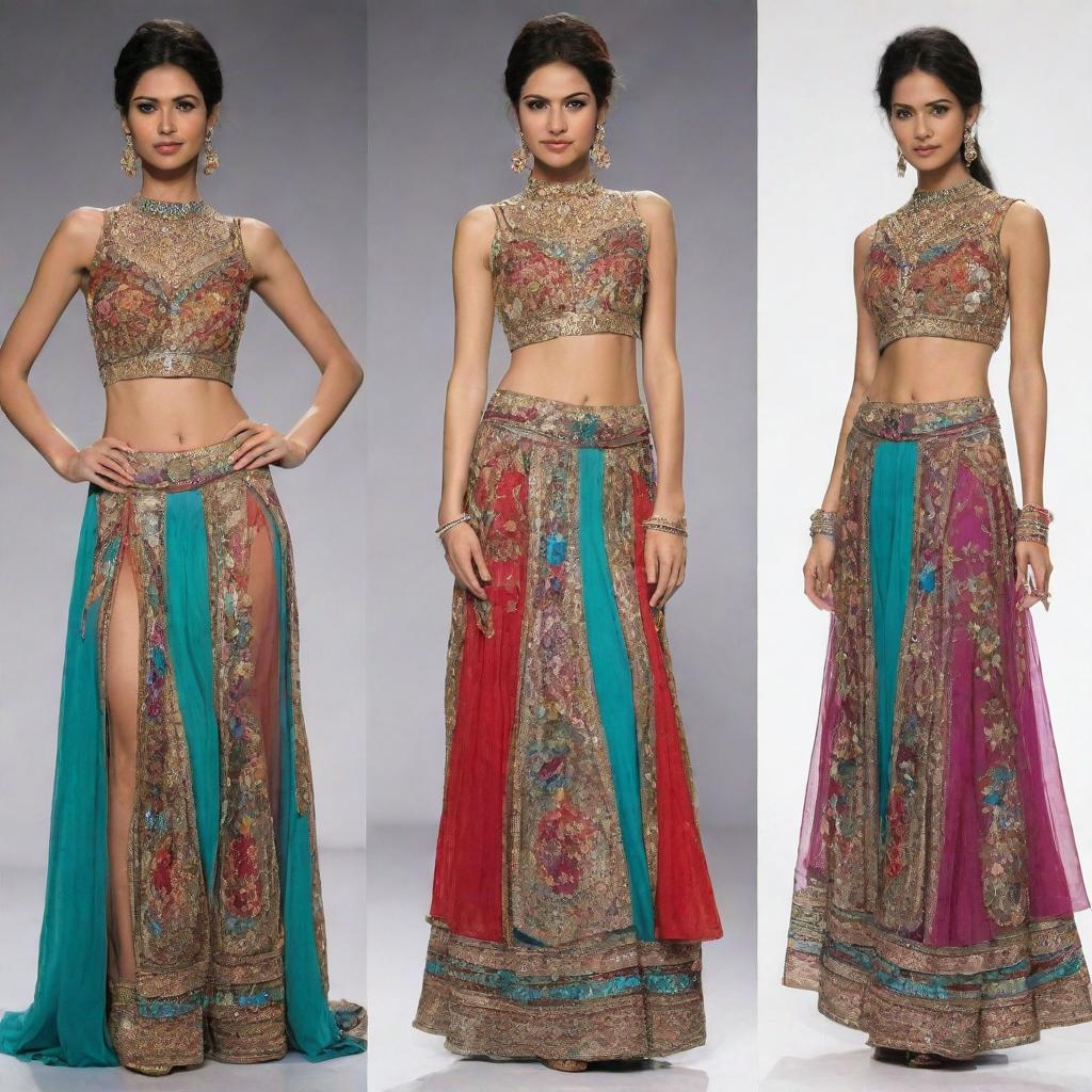 Revise previous design into an imaginative and unique long dress costume for a fashion design competition, integrating elements of Indian ethnic attire, utilizing traditional textiles with bold color combinations and unconventional embellishments.
